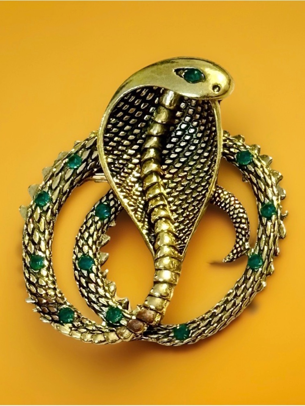 Gold Cobra Brooch with Green Stone Accents